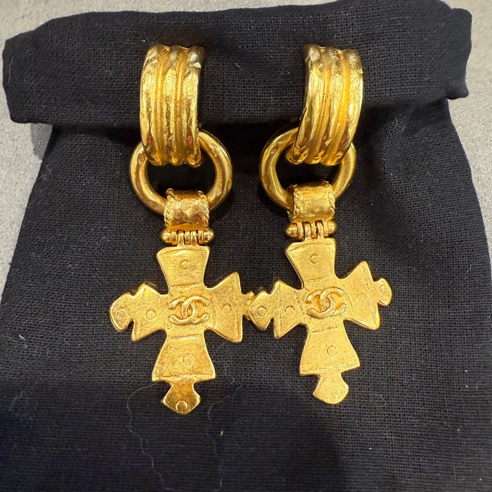 CHANEL Vintage Gold Cross Dangle Earrings